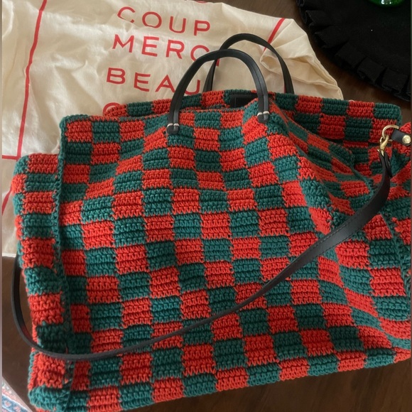 Clare V Red Green Checker Summer Simple Tote Bag Shoulder Strap Like New - Picture 4 of 16
